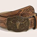 Western Bull Head Buckle Plus Size Belt Vintage Style Faux Leather Embossed 1XL Tan Photo 14