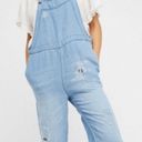 Free People  Slouchy Boyfriend Linen Blend Patch Detail Light Wash Overalls Photo 2