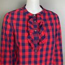 Draper James Draper Jane button up shirt 8 long sleeve plaid western ruffle navy blue red Photo 1