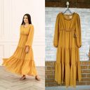 Rachel Parcell  Mustard Yellow Ruffled Tiered Long Sleeve Maxi Dress Textured Photo 1