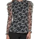 DKNY  FLORAL Long Sleeve Ruffle Neck Blouse Top SIZE SMALL white black Photo 0