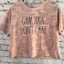 Rae Dunn  Cropped Boxy Active T-Shirt Gym Hair Don’t Care Pink Camo Size Small Photo 0