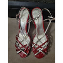 Ralph Lauren  Berdy Red/silver Metallic Strappy Patent Leather Wedge Heels Sze 10 Photo 1