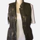 Chico's Metallic Foiled Linen Utility Cargo Vest Olive Green Gold Size 0 Small 4 Photo 0