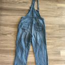 Free People  Slouchy Boyfriend Linen Blend Patch Detail Light Wash Overalls Photo 10