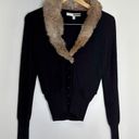 Tracy Reese  Rabbit Fur Collar Black Ribbed Sleeves Cardigan Size Small Photo 2