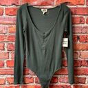 Open Edit Olive Green  Button Up Scoop Neck Long Sleeve Bodysuit Photo 0