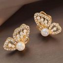 Gold Butterfly Stud Earrings for Women,White Pearl Earrings,Butterfly Earrings Photo 0