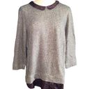 Loft Ann Taylor  Gray Knit Floral Hem Collared Long Sleeve Top Size L NWT Photo 0