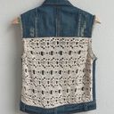 Free People Moody Blue Combo Distressed Denim Crochet Knit Macrame Cargo Vest Photo 9