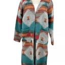 Aztec Tribal Southwest Flannel Blanket Long Jacket Sz L Womans Hood Slit Pockets Blue Size L Photo 0