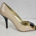 Unisa  Womens Shoes Size 7.5 Tan Black Patent Leather Peep Toe Slip On Heels Photo 0