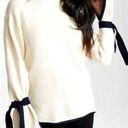 J.O.A. Sweater Women Small Ivory Navy Blue Trim Knit Hi Low Tie Sleeve Sweater Photo 0