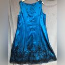 Onyx  night sleeveless teal satin dress with black mesh overlay, and black design Photo 2