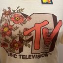 MTV top yellow floral short sleeve cutoff shirt New music television tee Sz L Size L Photo 4