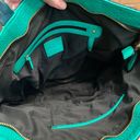 Neiman Marcus  Two Tone Zipper Tassel Faux Leather Tote Bag Purse‎ Blue Green Photo 4