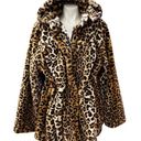 Dennis Basso Brown Leopard Zip Front Faux Fur Coat with Hood and Waist Detail Photo 0