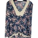 About A Girl  Womens Floral Blouse Top Sheer Crochet V Neck Blue Red Size XL Photo 0