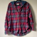 American Eagle  Red Blue Plaid Flannel Hooded Button Down Shirt Shacket sz Small Photo 0