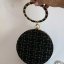 BLACK AND GOLD TWEED HARD CASE PURSE WITH BLACK LEATHER WEAVE BRACELET HANDLE Photo 6