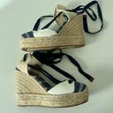 Coach  Fern Navy/Tan/Chalk Ankle Wrap Espadrille Platform Wedges Size 7 Photo 6