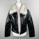 Unreal Fur Wet Look Aviator Biker Jacket Faux Leather & Fur Black Size Small NWT Photo 4