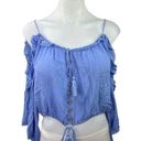 Mustard Seed  Blue Ruffle Cold Shoulder Bell Sleeve Boho Crop Blouse Top Size S Photo 0