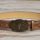 Western Bull Head Buckle Unisex Belt Vintage Style Embossed 37” Faux Leather Tan Photo 14