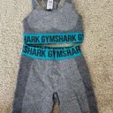 Gym Shark Biker Shorts and Sports Bra Set Grey with Blue Band Photo 1