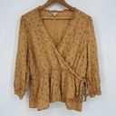 Lucky Brand  Blouse Gold Ditsy Floral Pattern Faux Wrap 3/4 Sleeve Boho Top Large Photo 0