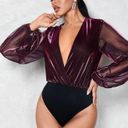 SheIn BAE Plunging Neck Lantern Sleeve Contrast Mesh Bodysuit size L (8/10) Photo 0