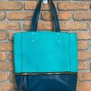 Neiman Marcus  Two Tone Zipper Tassel Faux Leather Tote Bag Purse‎ Blue Green Photo 0