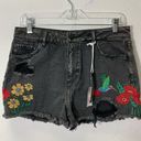 Hummingbird Black denim high waisted shorts with flower embroidery and  butterfly Photo 0