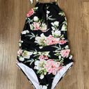 Cupshe one piece swimsuit halter tie black floral padded ruched women’s size XL Photo 0