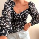 Lane 201 Navy Blue Flattering Floral Long Sleeve Puffy Sleeve Peplum Blouse Top Photo 1