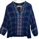 Johnny Was  Blue Plaid Embroidered Boho Gauze Cotton Blend Vika Paris Blouse M Photo 0