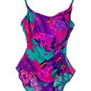 Vtg Y2K Abstract Swim One Piece Sz 16 High Cut Neon Floral Print Ruched Pink Photo 0