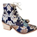 Vintage Satin Floral Embroidered Block Heel Cowboy Ankle Booties Blue Size 7 Photo 0