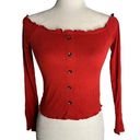 Guess  Off the Shoulder Stretch Crop Top M Red Lettuce Hem Long Sleeves Buttons Photo 0