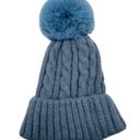 ILLUMA Women’s Blue Cuffed Cable Stitch Faux Fur Pom Pom Beanie Hat NWT Photo 0