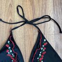 HOBIE Y2K Black Red Ruffle Embroidered Cherries Daisies Halter Swim Bikini Top Size L Photo 2