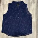 AB Studio Sleeveless Navy Sheer Blouse Red Hearts Print Collared Button Size XL Photo 0