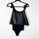 Commando  Faux Vegan Leather Loose Ruffle Overlay One Piece Bodysuit Black Small Photo 2