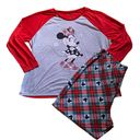 Disney NWOT- Adorable Minnie Mouse pajamas, two piece set, top is gray and red with Minnie Mouse on the front, red green & white plaid flannel pants, elastic waist, perfect condition, brand new, size 2x Measurements: Top Bust: armpit to armpit 28 inches  Length: shoulder seam to bottom 29 1/2 Bottoms: Waist: side to side 19-27 inches  Inseam: 29 inches Photo 0