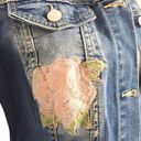 LuLaRoe  Jaxon Denim Jean Jacket Pink Rose Embroidered Medium Wash Women’s Small Photo 2