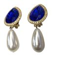 Vintage Blue  Sapphire Gem with Hanging Faux Pearl, Rhinestone Clip-On Earrings Photo 1