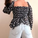 Lane 201 Navy Blue Flattering Floral Long Sleeve Puffy Sleeve Peplum Blouse Top Photo 5