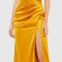 Mac Duggal  26585 Satin Sleeveless Faux Wrap Ruched Gown NWT sz 0 Marigold/Yellow Photo 0