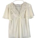 Mango  White Lace Applique Flutter Short Sleeve V-Neck Blouse Women Sz 2 Photo 0