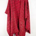 Chico's CHICO’S Red Checkered Plaid Metallic Tweed Fringe Trim Poncho Shawl, One Size Photo 0